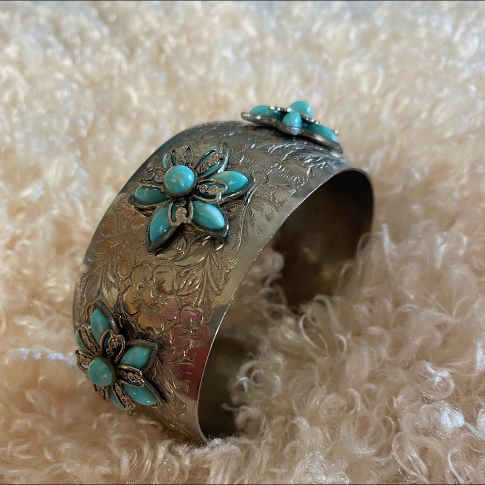 Vintage Silver & Turquoise Embossed Cuff Bracelet